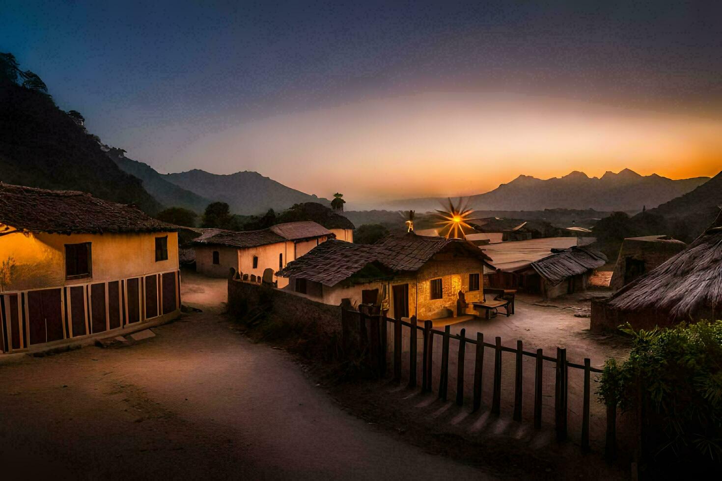 un' villaggio a tramonto con un' montagna nel il sfondo. ai-generato foto