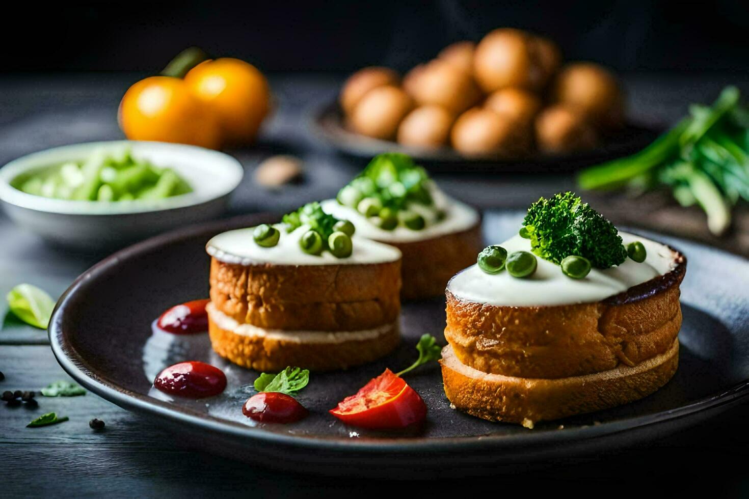 tre pezzi di torta con crema formaggio e broccoli. ai-generato foto