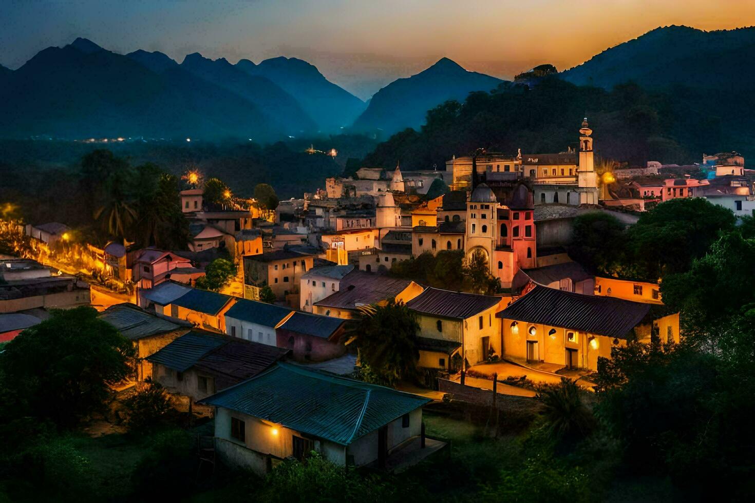 un' cittadina nel il montagne a crepuscolo. ai-generato foto