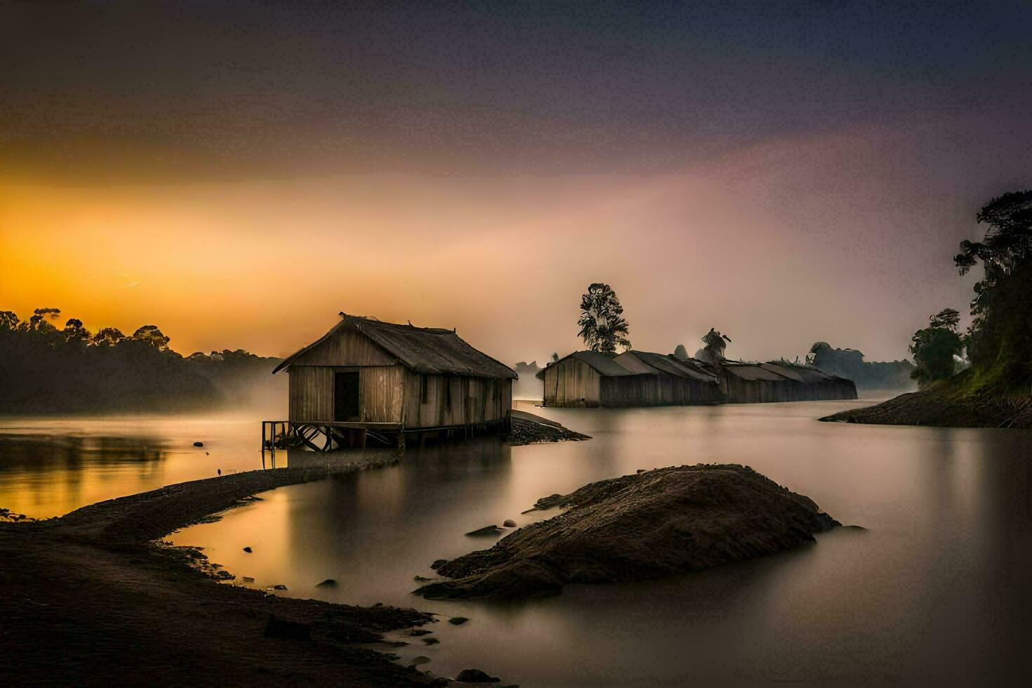 un' Casa su il acqua a tramonto. ai-generato foto