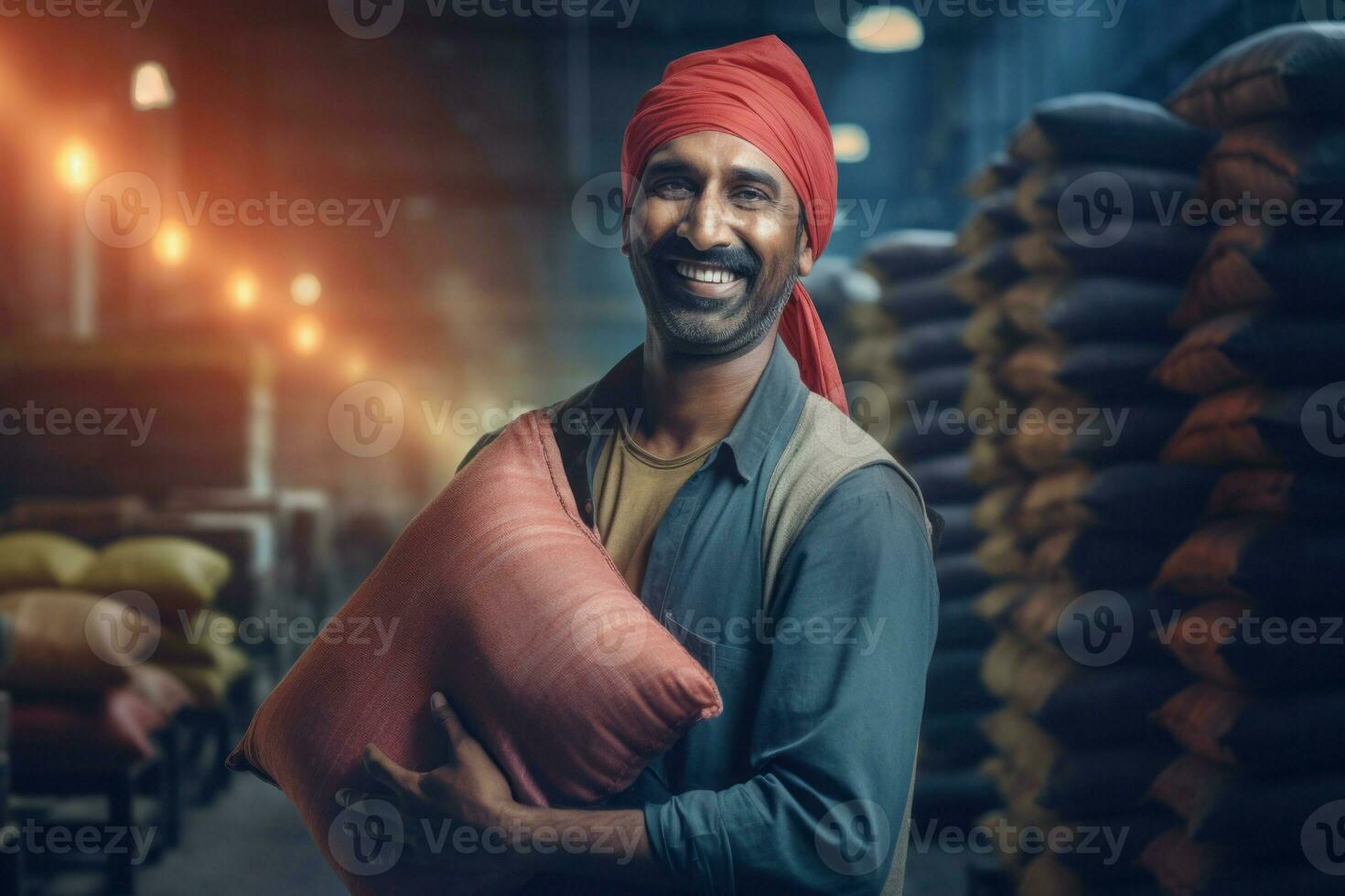 indiano contadino trasporto sacco sorridente viso. creare ai foto