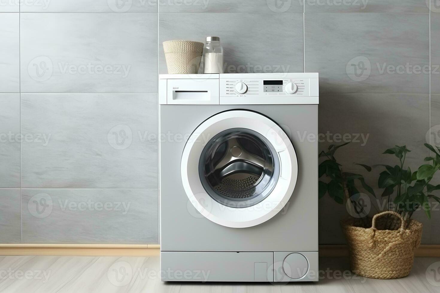 bagno interno con moderno lavaggio macchina e grigio muri. ai generativo foto