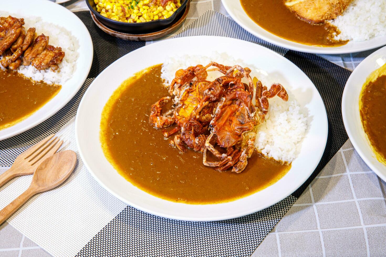in profondità fritte morbido conchiglia Granchio con curry riso foto