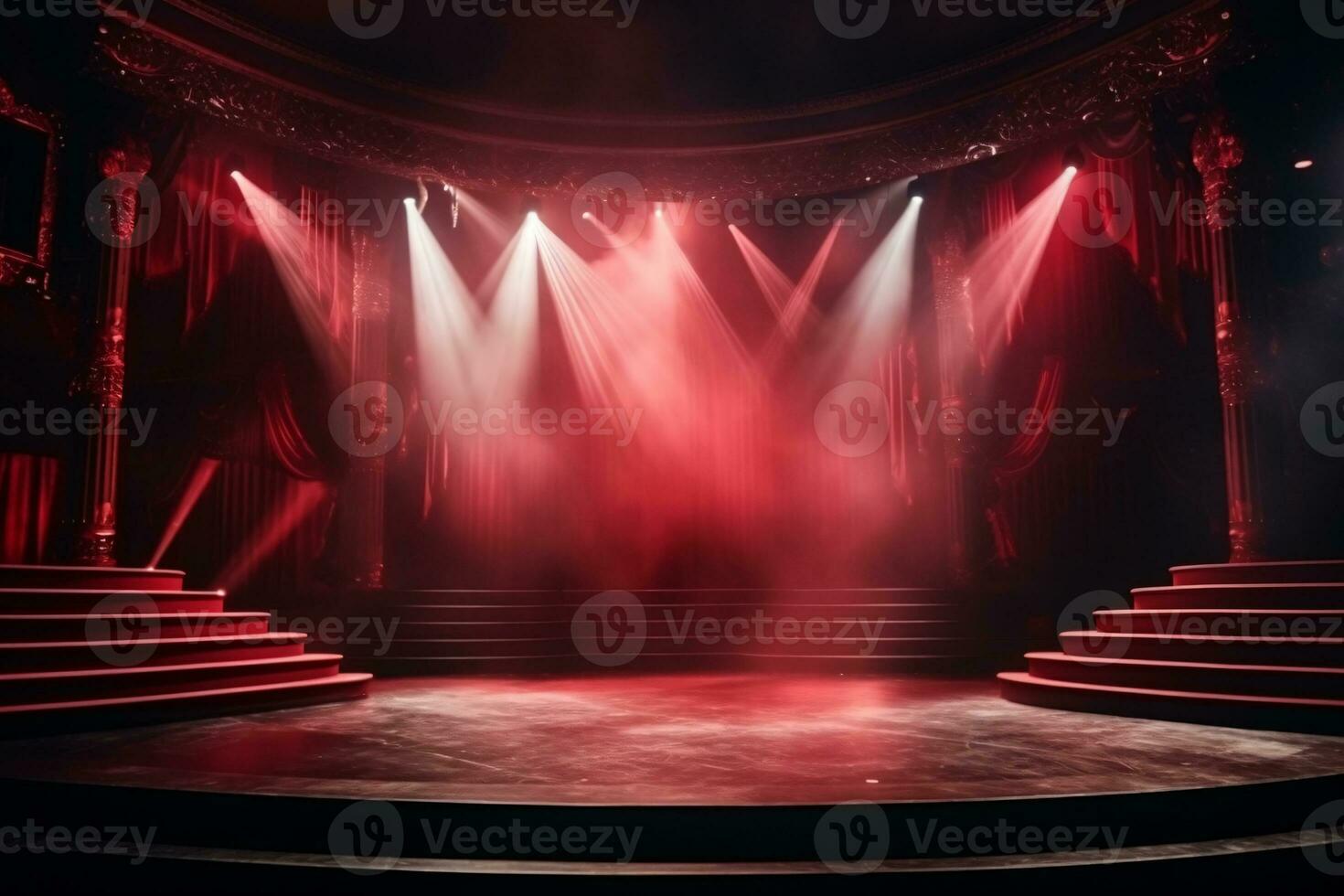 Teatro palcoscenico leggero sfondo con riflettore illuminato il palcoscenico per musica lirica prestazione. vuoto palcoscenico con caldo ambiance colori, nebbia, Fumo, fondale decorazione. divertimento mostrare. generativo ai. foto