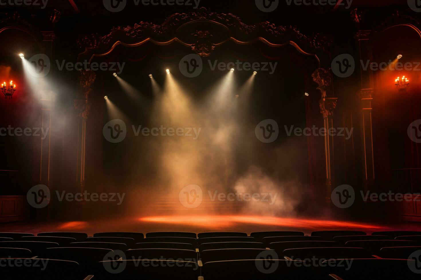 Teatro palcoscenico leggero sfondo con riflettore illuminato il palcoscenico per musica lirica prestazione. vuoto palcoscenico con caldo ambiance colori, nebbia, Fumo, fondale decorazione. divertimento mostrare. generativo ai. foto