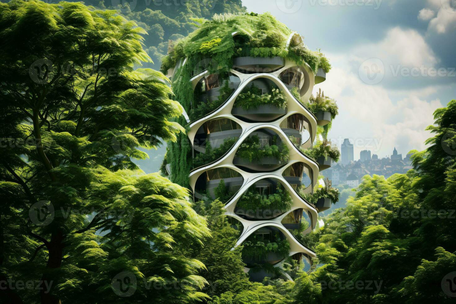 sostenibile verde edificio nel moderno città. verde architettura. eco-friendly costruzione. sostenibile edificio con verticale giardino ridurre co2. futuristico costruzione. netto zero emissioni. generativo ai. foto