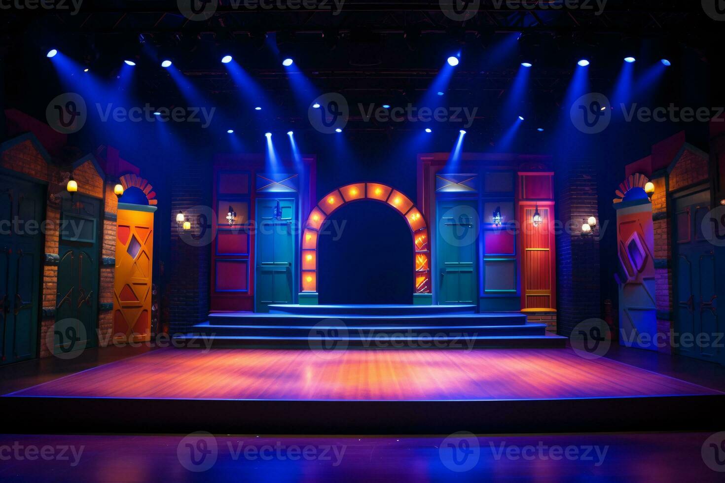 Teatro palcoscenico leggero sfondo con riflettore illuminato il palcoscenico per musica lirica prestazione. palcoscenico illuminazione. vuoto palcoscenico con luminosa colori fondale decorazione. divertimento mostrare. generativo ai. foto