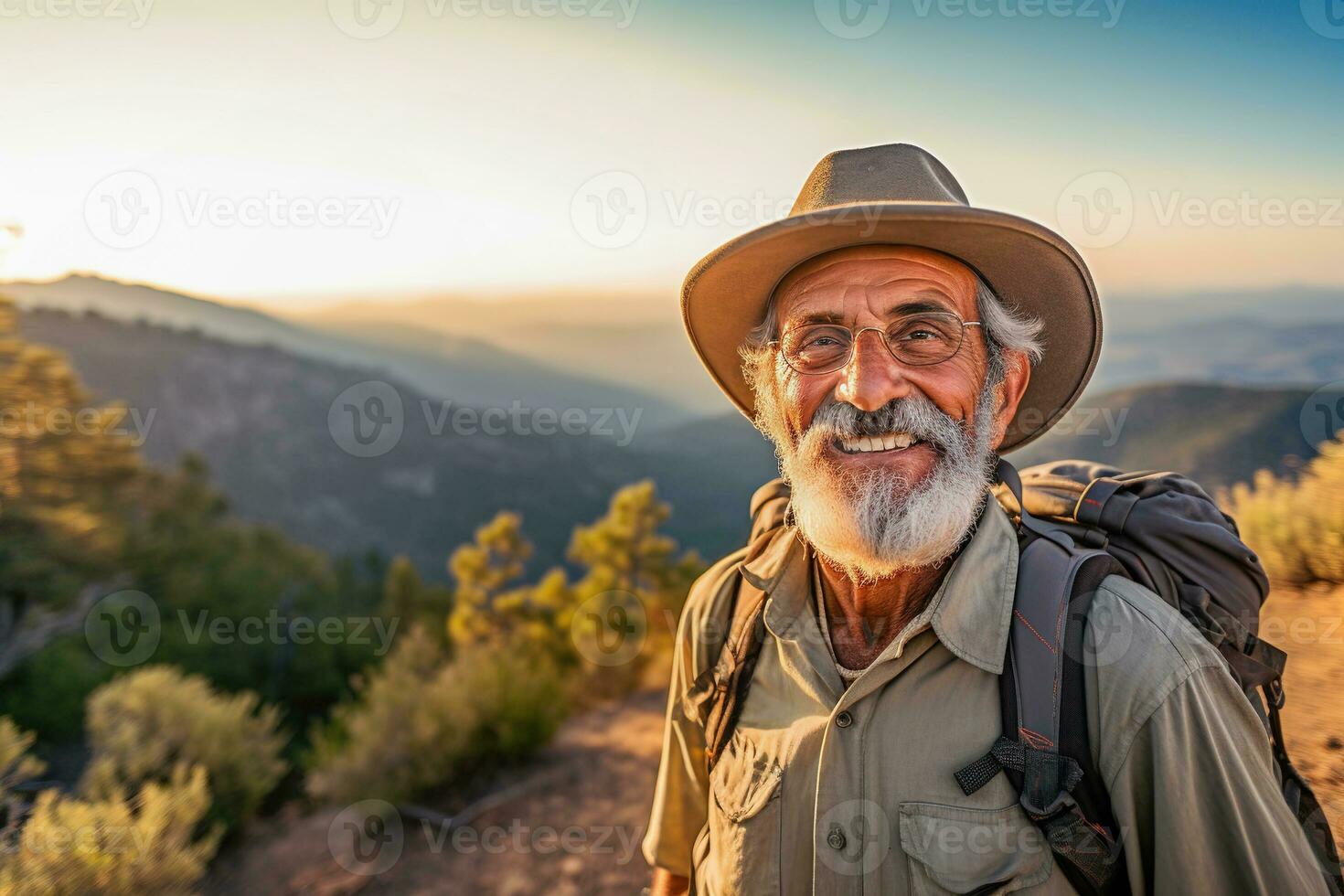 attivo pensionato latino americano uomo escursioni a piedi nel montagne, estate stagione, all'aperto. ai generativo foto