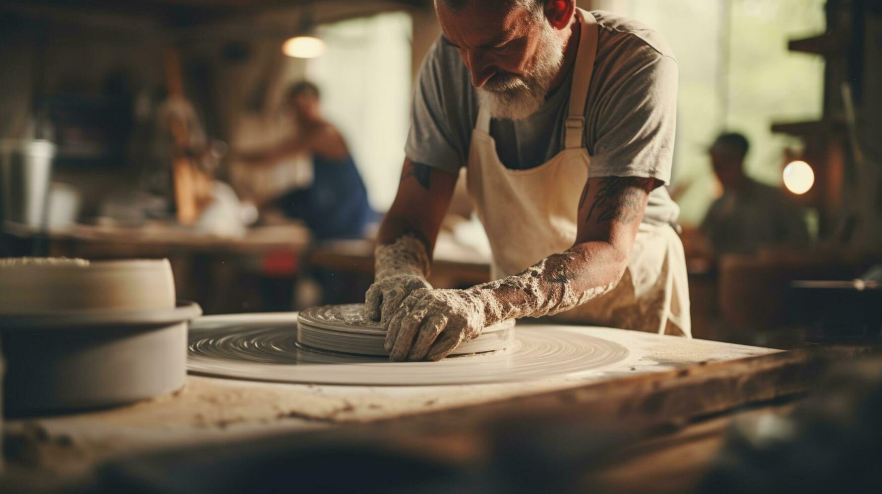anziano Lavorando con argilla su di vasaio ruota, artigianato, tradizionale mestiere making.ai generativo. foto