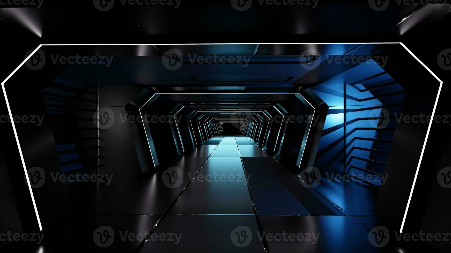 il neon blu camera di equilibrio tunnel si illumina in giro il corridoio su il riflessivo calcestruzzo pavimento. foto
