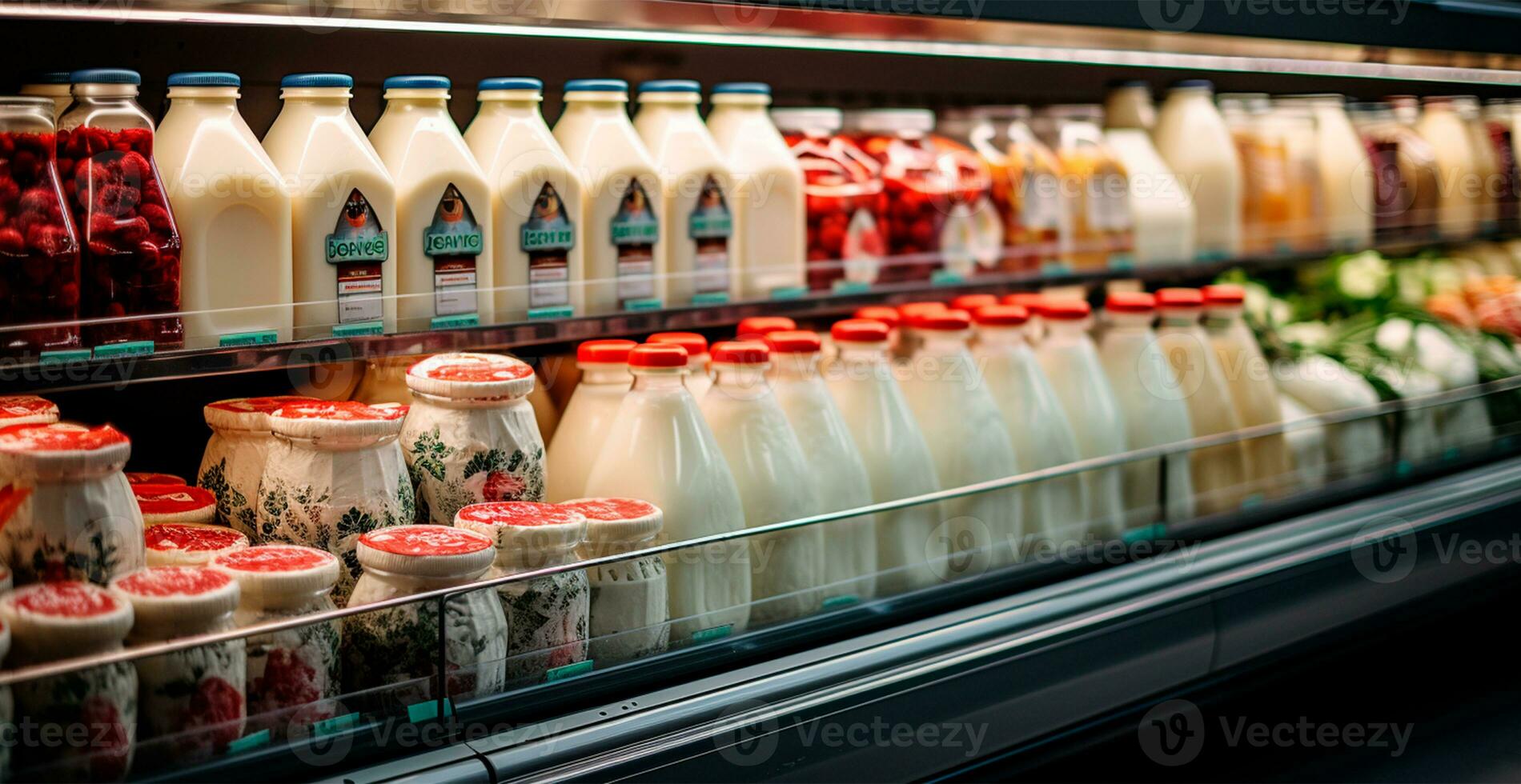 latteria prodotti, latte e formaggio nel un' supermercato, cibo Schermo - ai generato Immagine foto