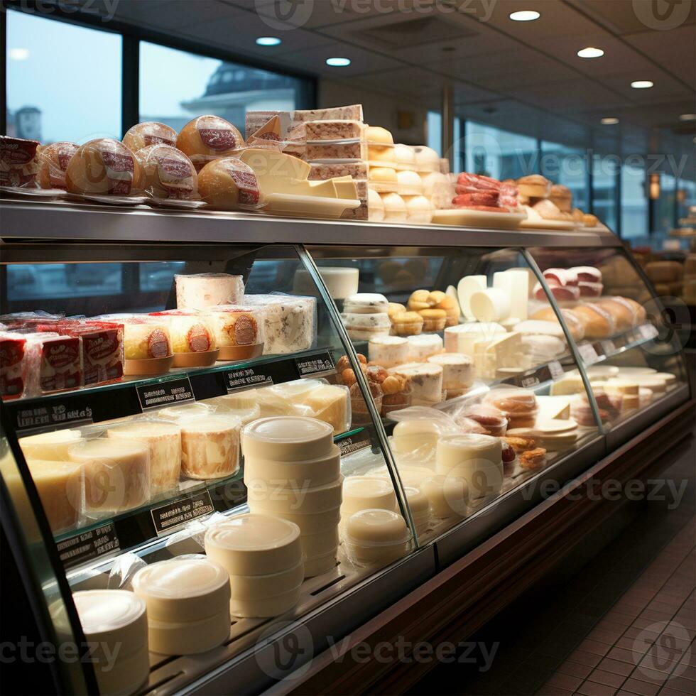 latteria prodotti, latte e formaggio nel un' supermercato, cibo Schermo - ai generato Immagine foto