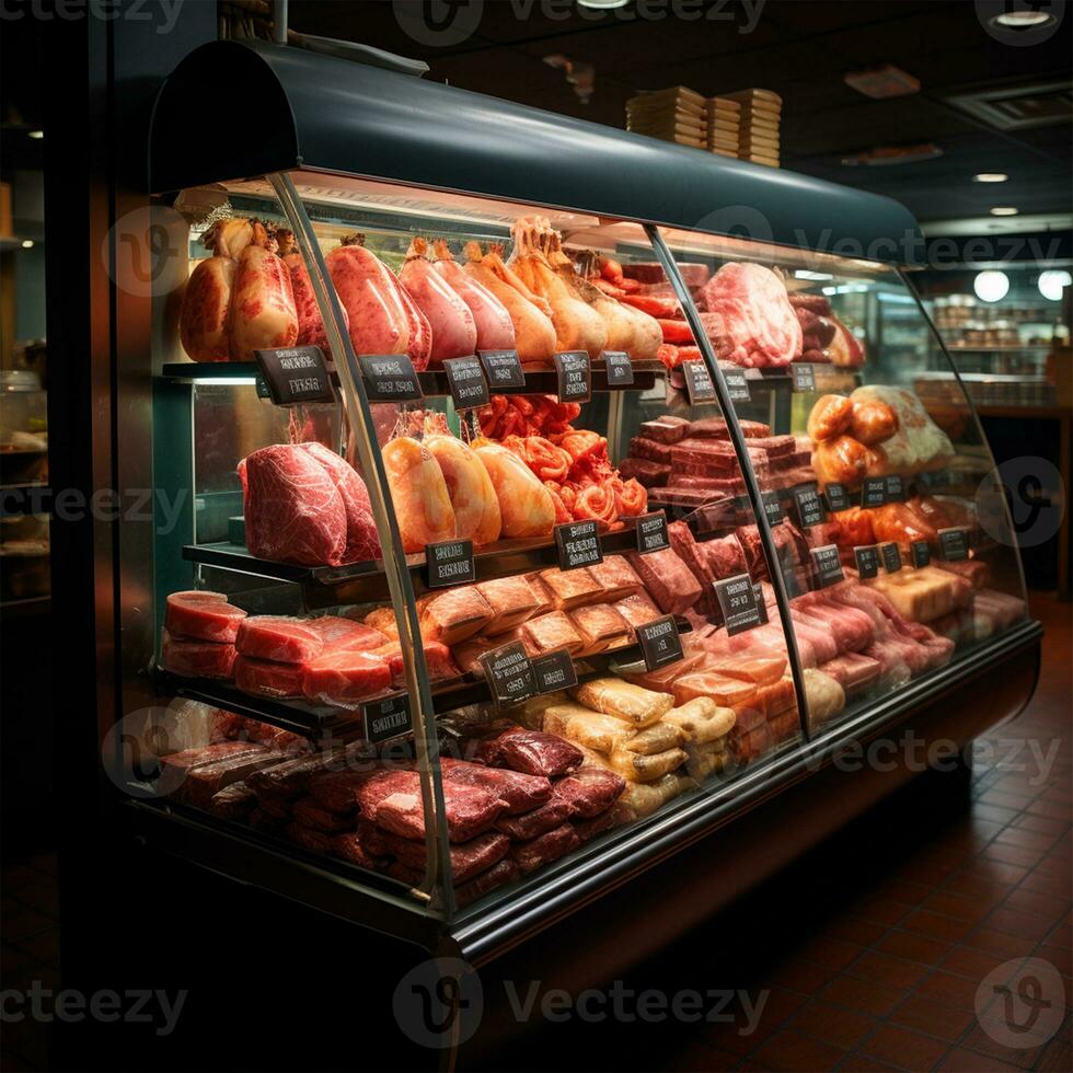 fresco carne prodotti, manzo, Maiale nel il frigorifero su Schermo nel un' supermercato, salutare mangiare - ai generato Immagine foto