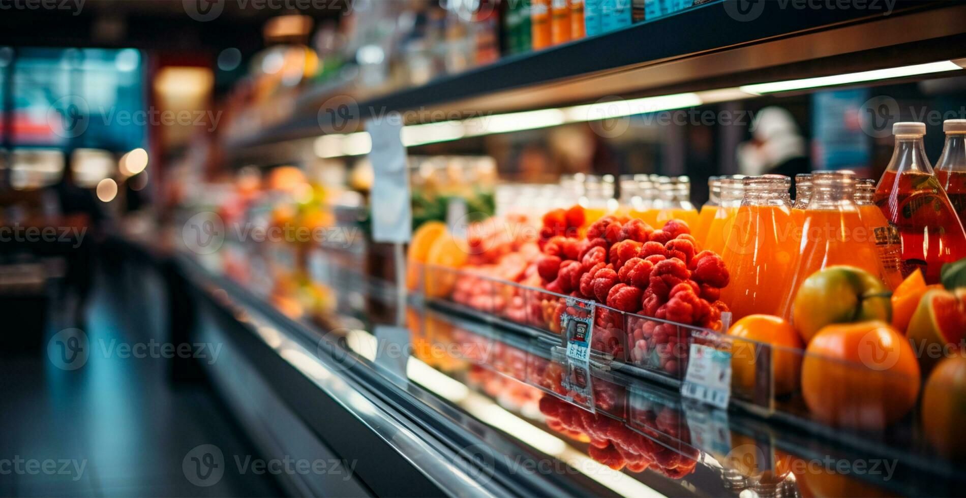 drogheria negozio, frutta contatore, succo bevande avvicinamento - ai generato Immagine foto