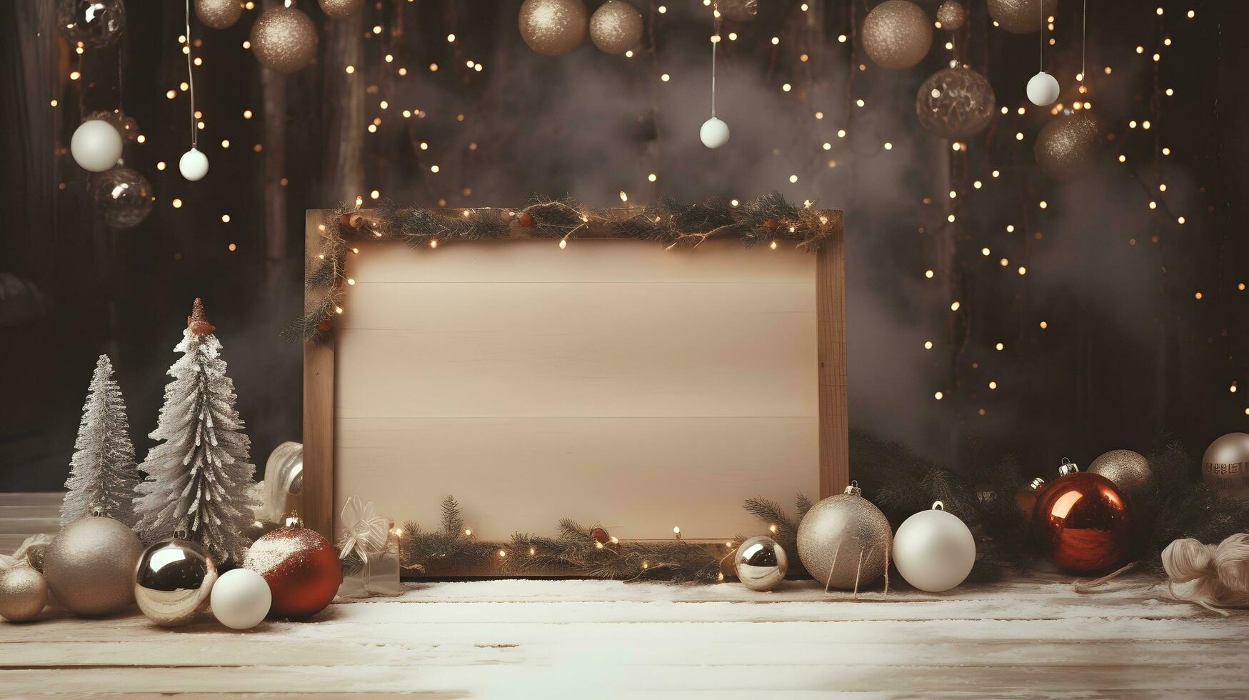 vuoto di legno cartello con Natale decorazioni e scintillante luci foto