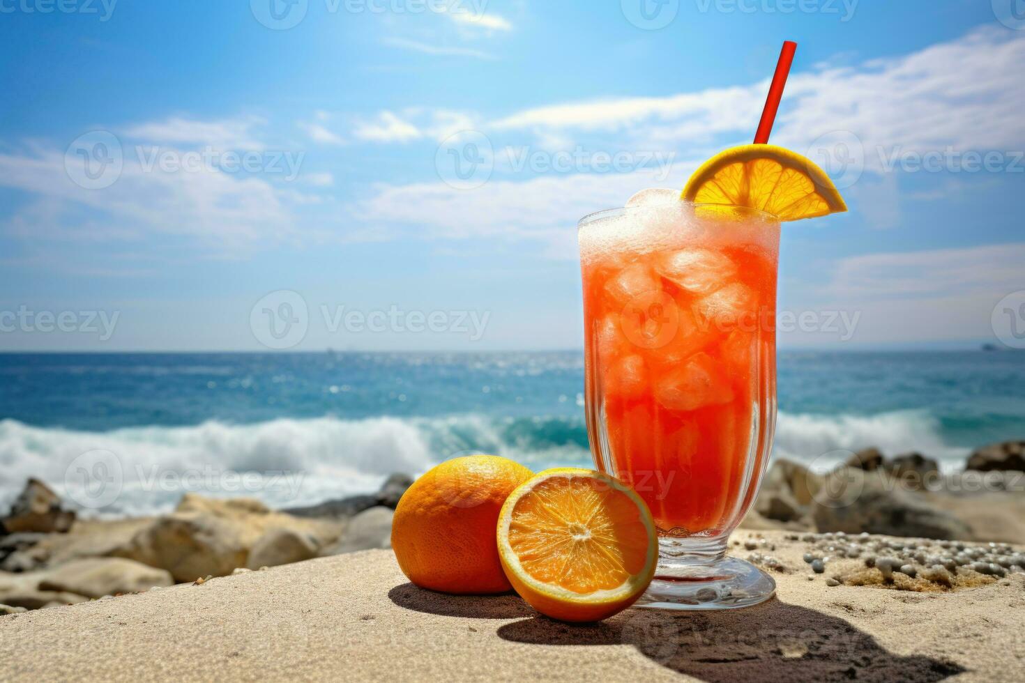 arancia spiaggia cocktail su roccioso riva del mare sfondo ai generato foto