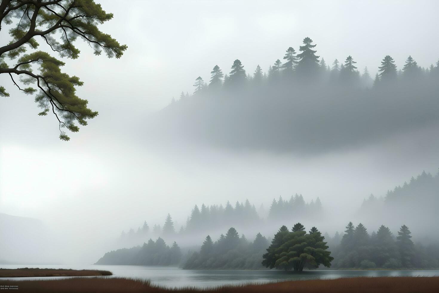 foto sagome di alberi su il riva di il lago su un' nebbioso giorno generato di ai