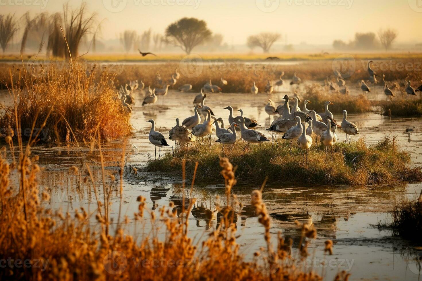 gregge di migratorio uccelli riposo nel un' protetta zona umida. uccelli volare per caldo Paesi. animale migrazione. ai generativo foto