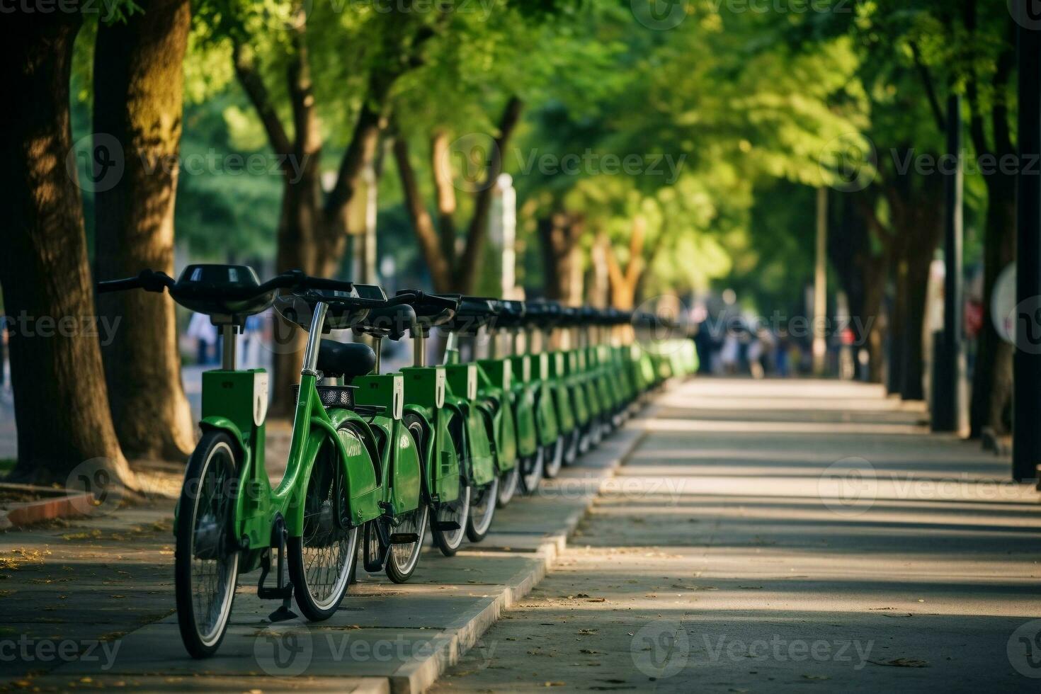 condivisione di biciclette stazione vivace con pendolari nel un' verde città. noleggio servizio individuare su città strada. pubblico trasporto. ai generativo foto