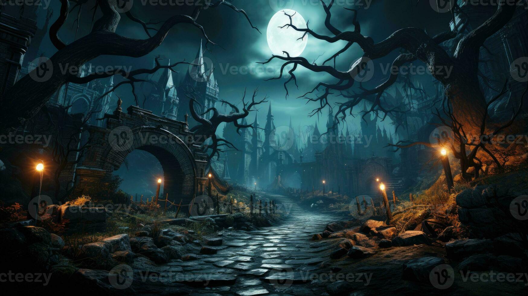 sfondo per Halloween vecchio Gotico castello frequentato dimora su un' pauroso notte, ai generato. foto