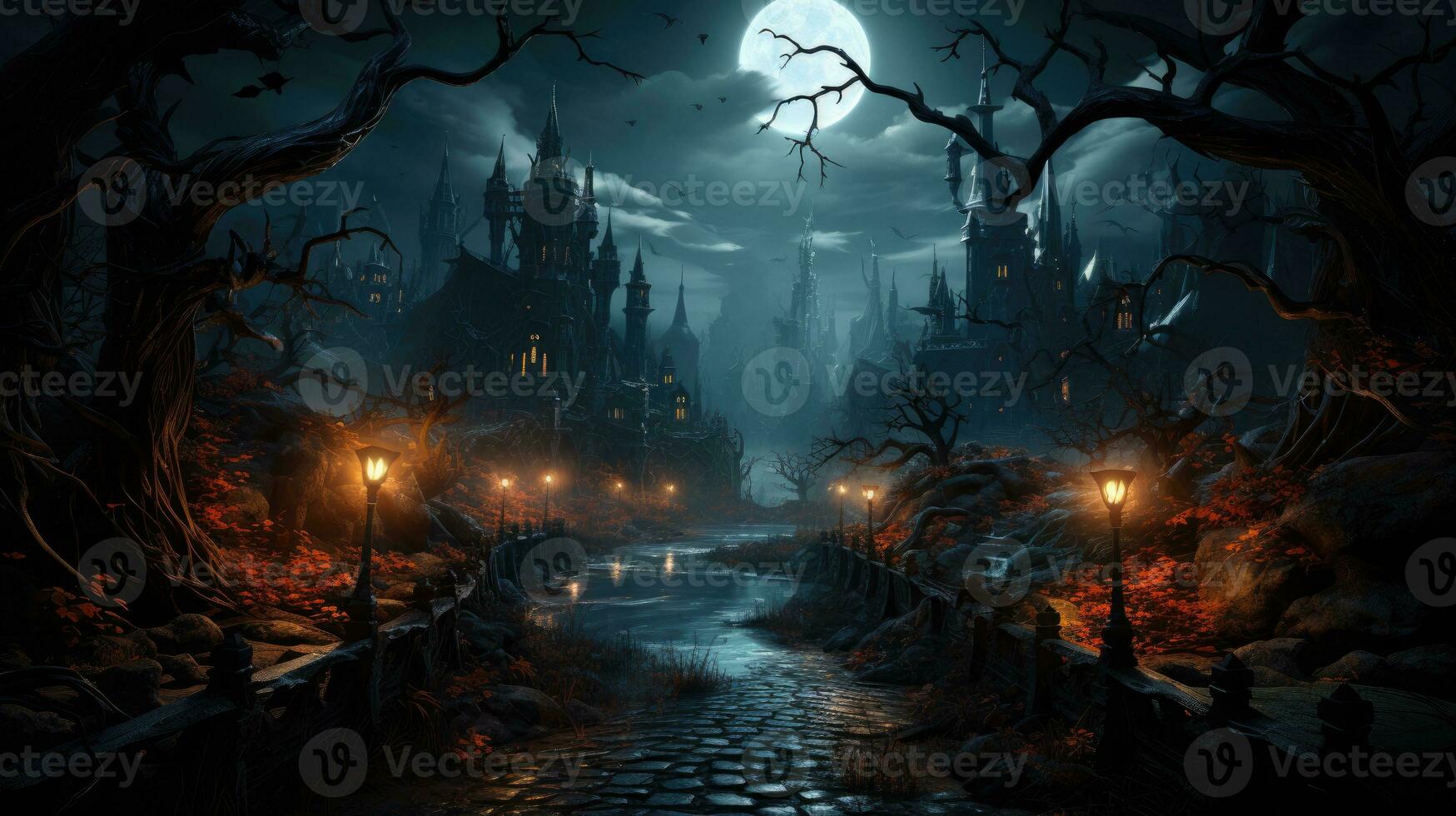 sfondo per Halloween vecchio Gotico castello frequentato dimora su un' pauroso notte, ai generato. foto