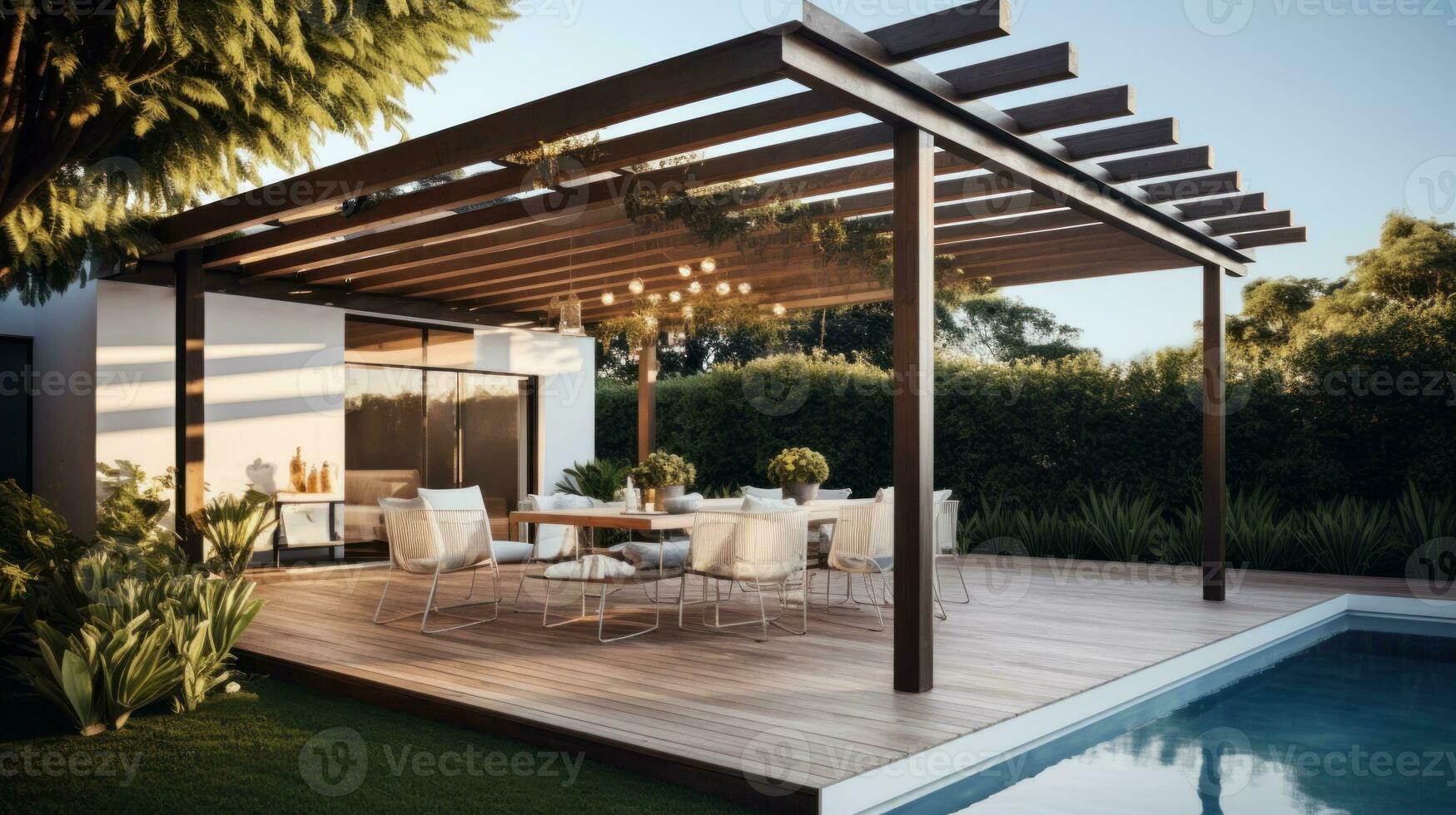 teak di legno ponte con arredamento mobilia e ambientale illuminazione. lato Visualizza di giardino pergola con gas griglia a crepuscolo ai generato. foto