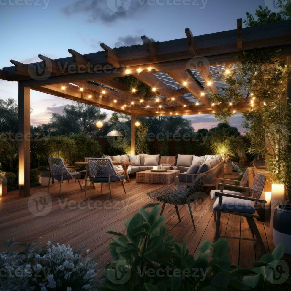 teak di legno ponte con arredamento mobilia e ambientale illuminazione. lato Visualizza di giardino pergola con gas griglia a crepuscolo ai generato. foto