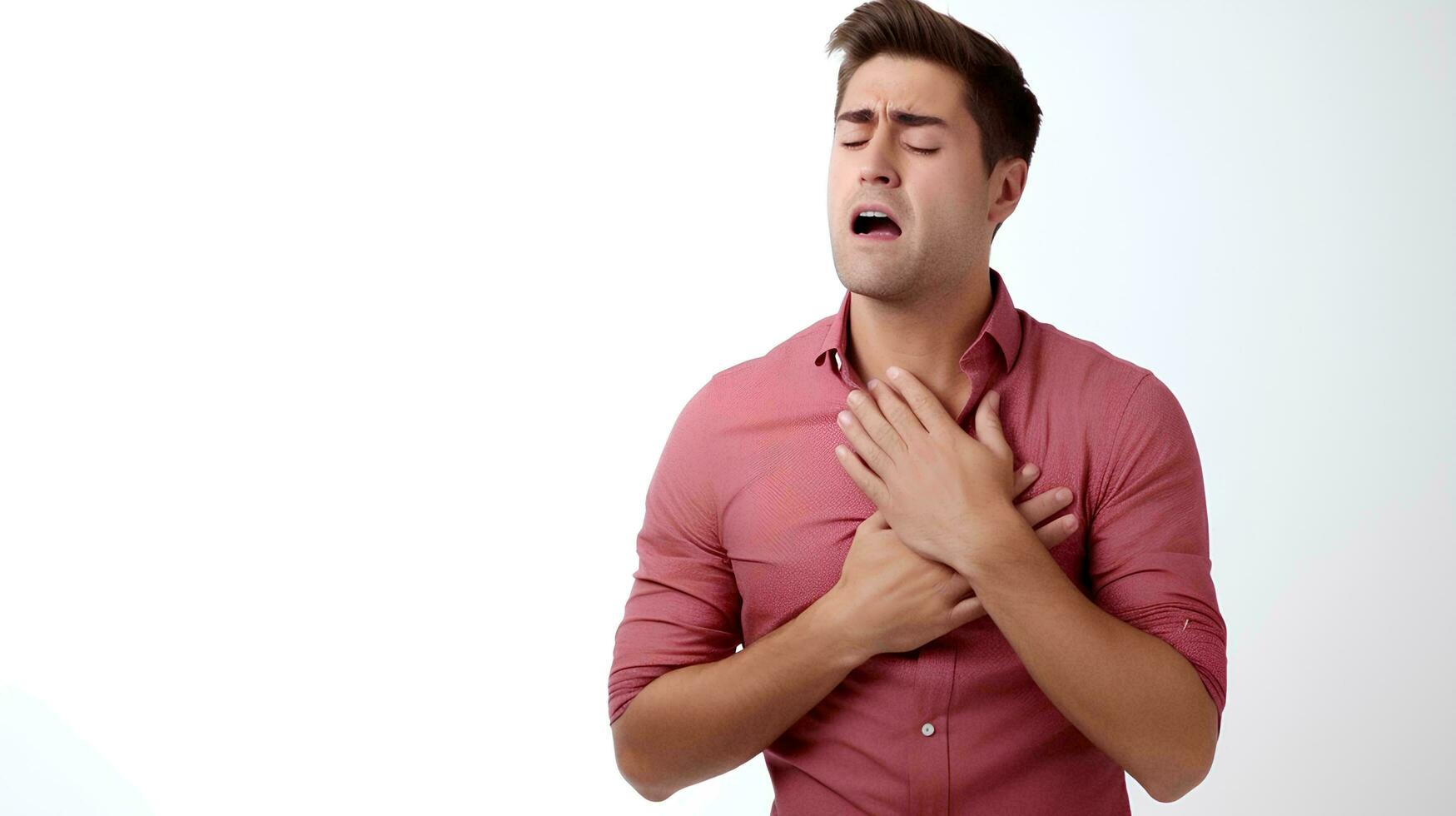 un' giovane uomo sofferenza a partire dal un asma attacco, lui detiene il suo il petto, su un isolato bianca sfondo, ai generativo foto