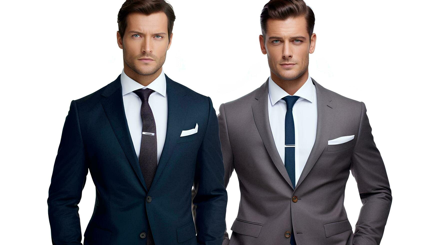 Due attraente e fiducioso uomini d'affari indossare tute su isolato bianca sfondo, ai generativo foto