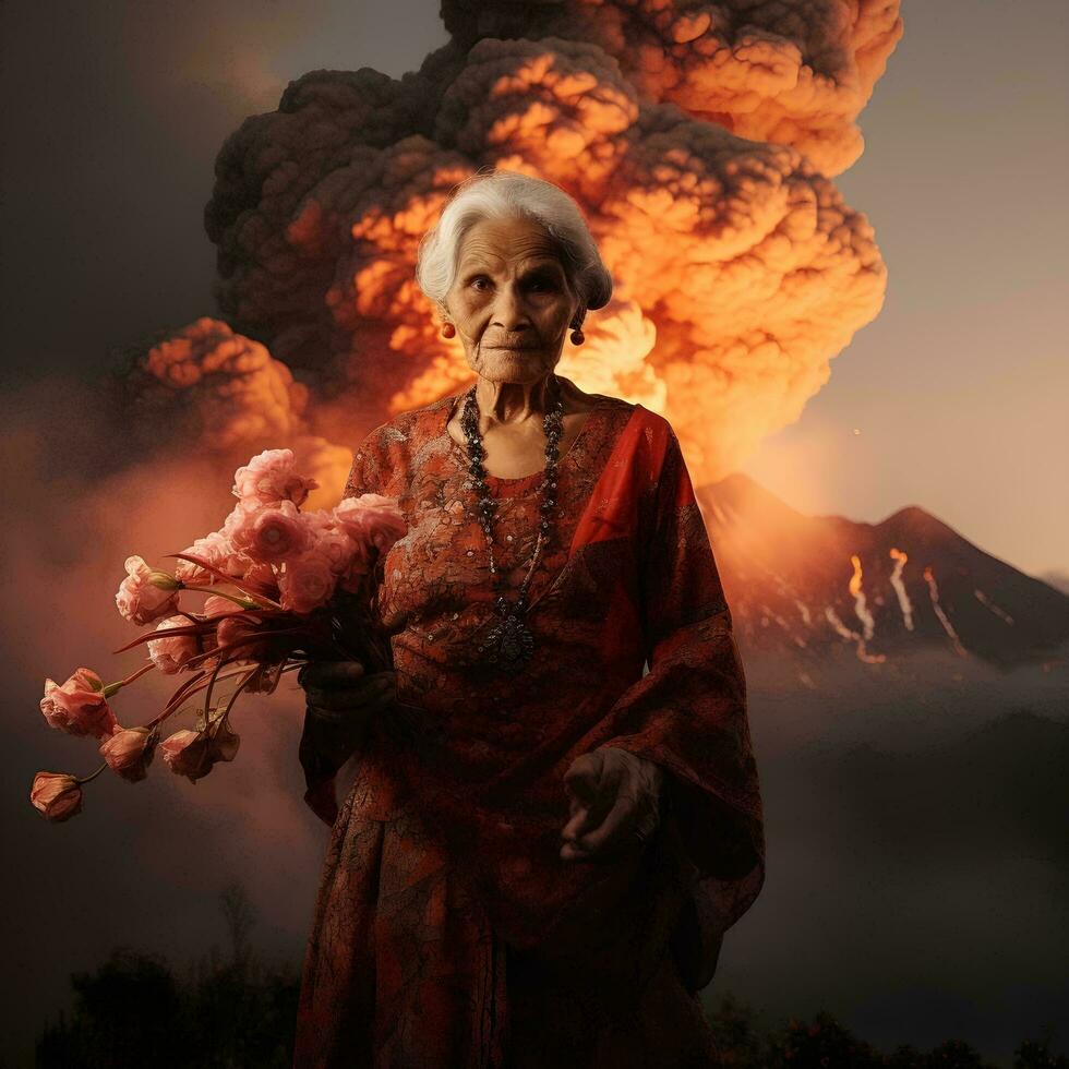 un' nonna nel un' kebaya prende un' foto con un eruzione vulcano, ai generativo