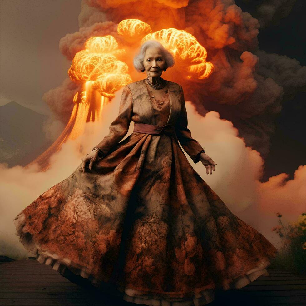 un' nonna nel un' kebaya prende un' foto con un eruzione vulcano, ai generativo