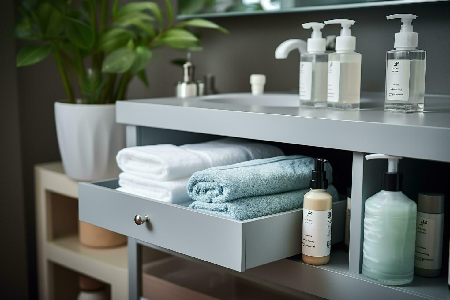 bagno con lavabo, articoli da toeletta e asciugamani. vivere impianti nel il bagno. bagno Accessori. generato di artificiale intelligenza foto