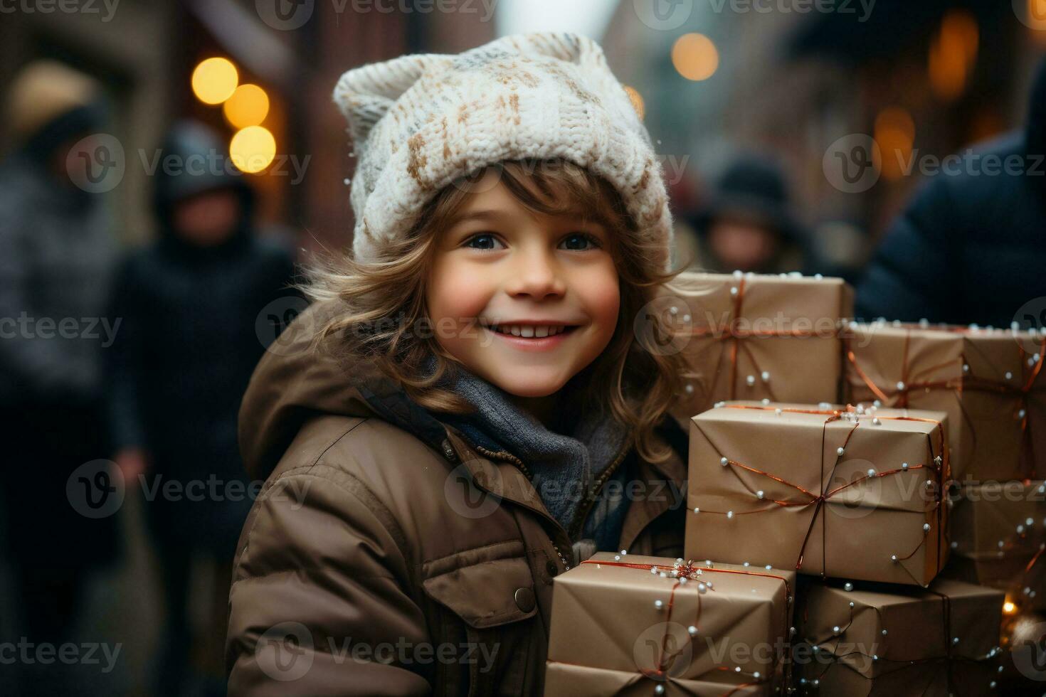 ai generato contento bambini su il strada con Natale regali nel loro mani. i regali per beneficenza e sensibilizzazione. copia spazio. alto qualità foto