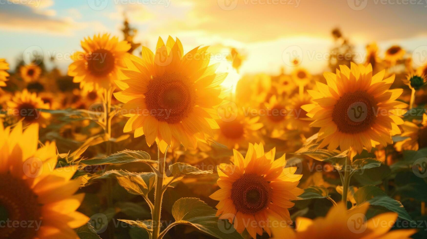 bellissimo panoramico Visualizza di campo di girasoli nel il leggero di il ambientazione sole. ai generativo foto