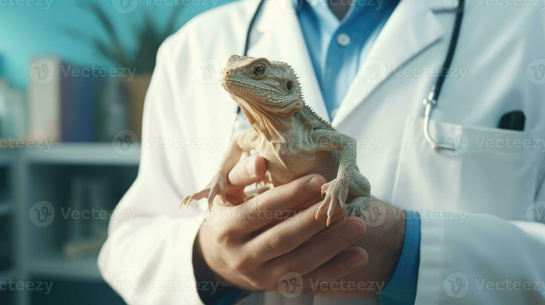 veterinario clinica per esotico animali. lucertola nel il mani di un' veterinario. ai generativo foto