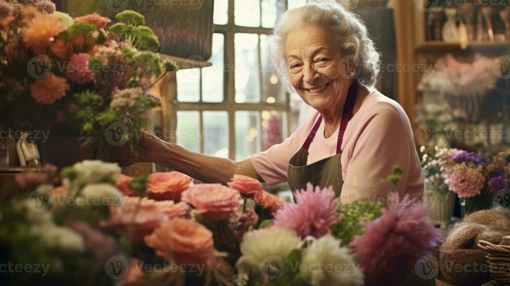 anziano amichevole donna fioraio nel un' fiore negozio. un' donna prepara mazzi di fiori ai generativo foto