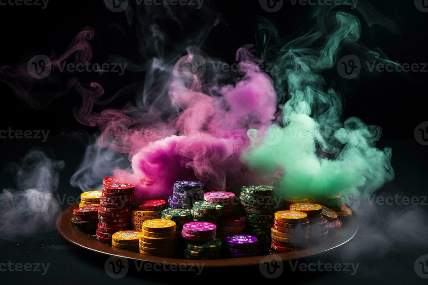 giocando patatine fritte nel nuvole di colorato Fumo. avvicinamento. gioco d'azzardo concetto. generato di artificiale intelligenza foto