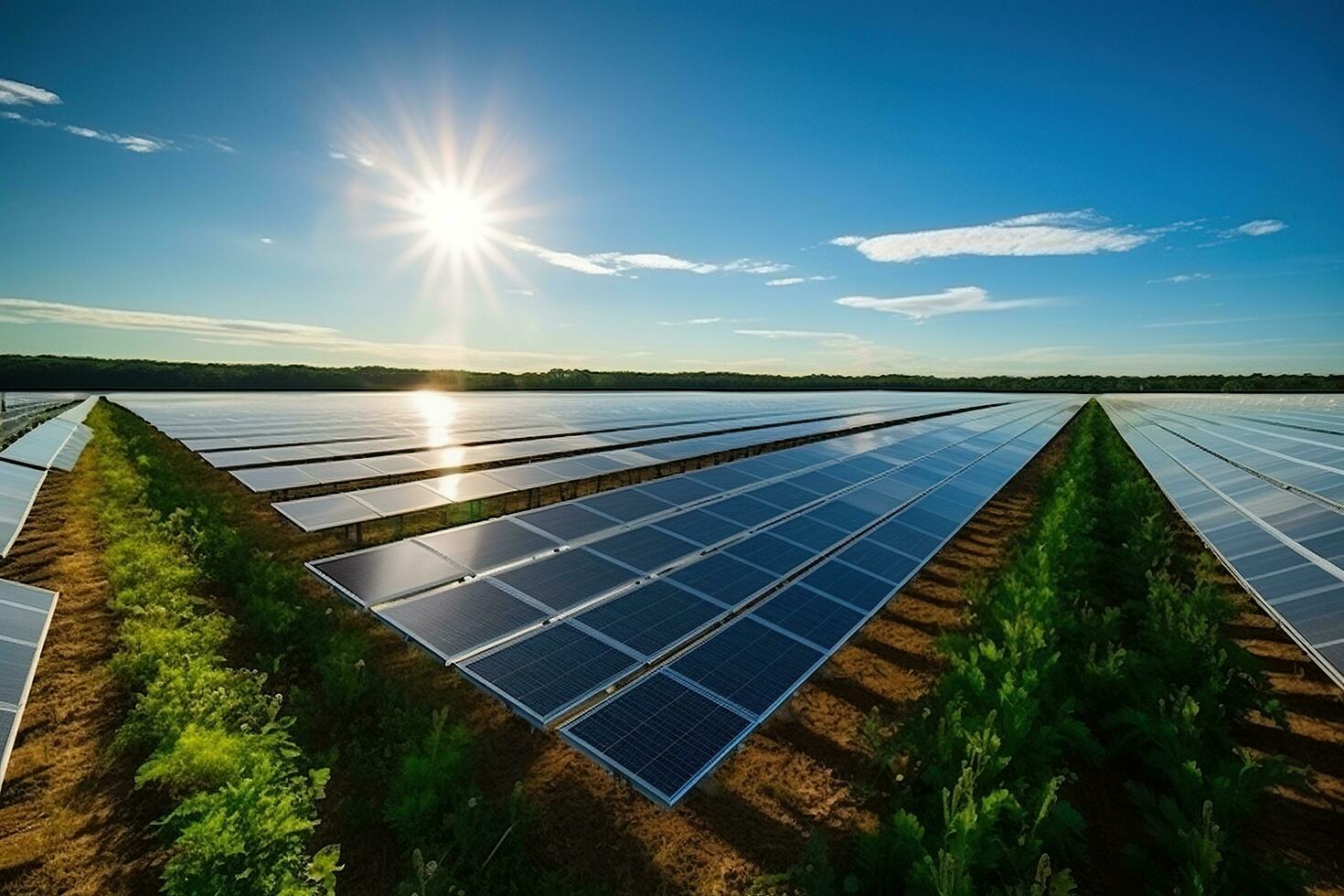 solare pannello parco nel un' campo. solare energia concetto. generato di artificiale intelligenza foto