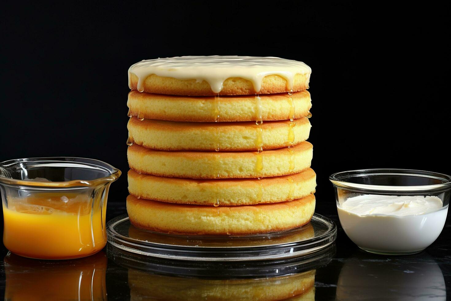 il processi di assemblaggio un' torta con un' frutta strato e crema. concetto per dolce tratta, dolci. generativo ai foto