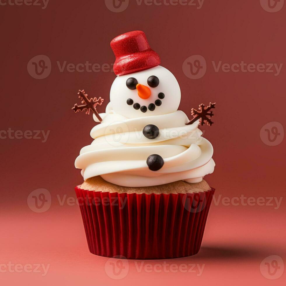 ai generato Natale Cupcake con decorazione nel il modulo di un' pupazzo di neve foto