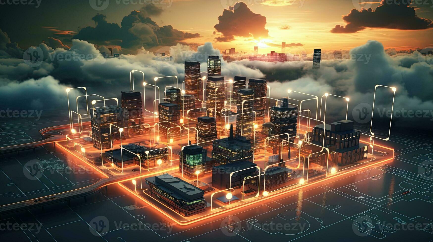 concetto di un' digitale città con nube connessioni. futuristico Rete nel il nuvole. generato ai. foto