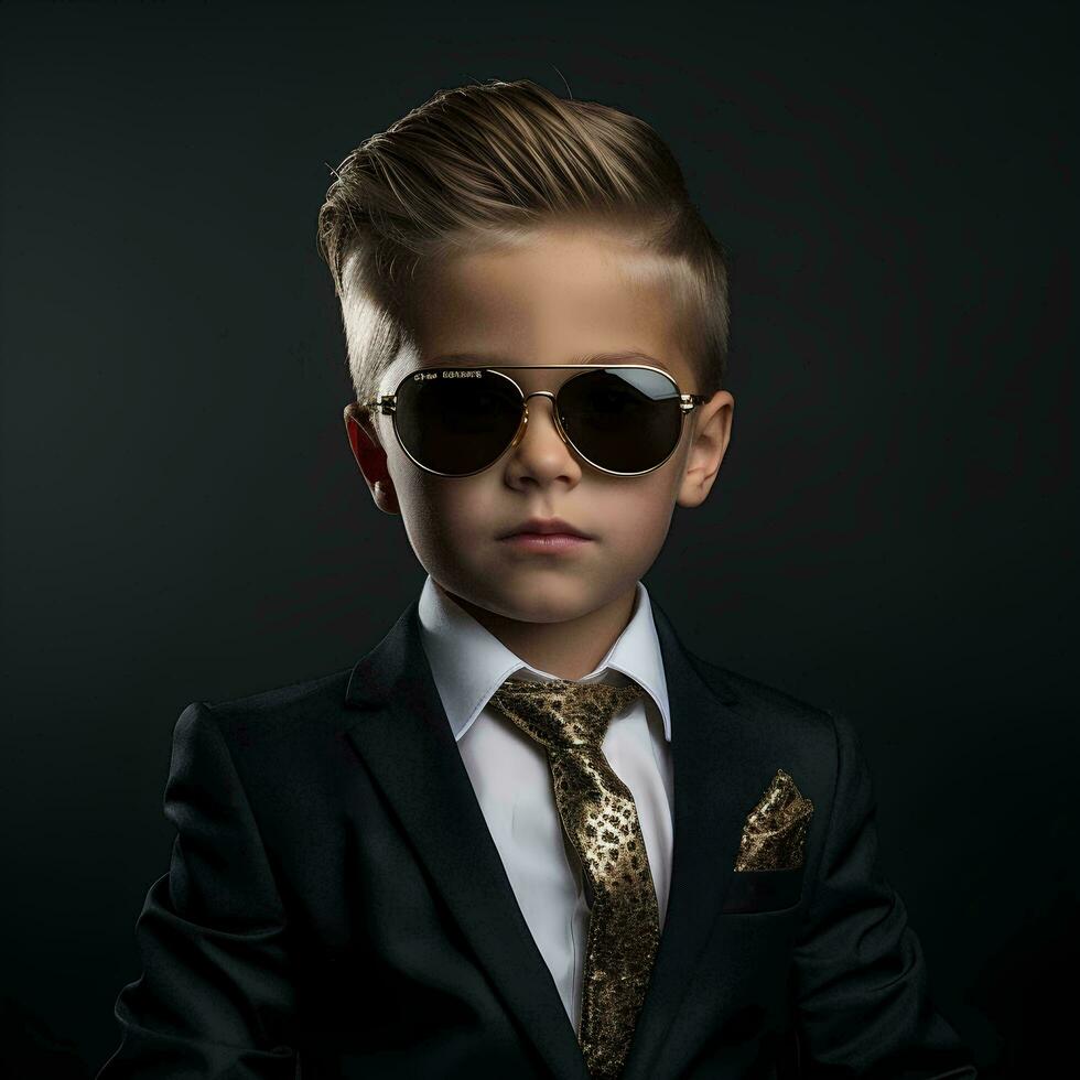 un' ragazzo vestito su come un' ricco uomo nel un' completo da uomo e indossare occhiali da sole, ai generativo foto