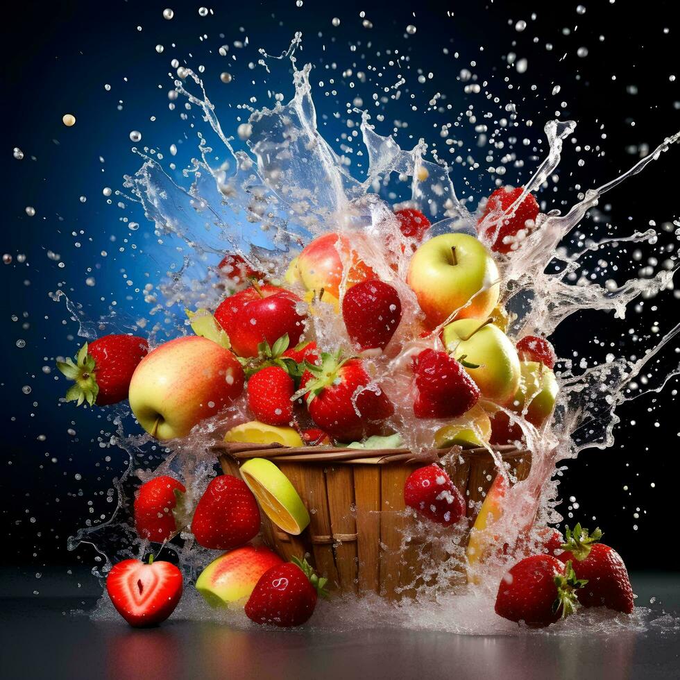 un' cestino di fresco frutta con un' acqua spruzzo effetto, ai generativo foto