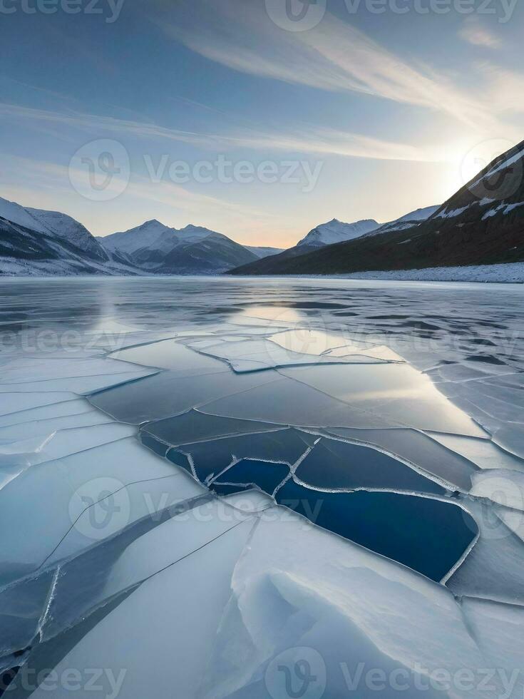 un' panoramico Visualizza di un' congelato lago, con crepe nel il ghiaccio rivelatrice il in profondità blu profondità sotto. ai generativo foto