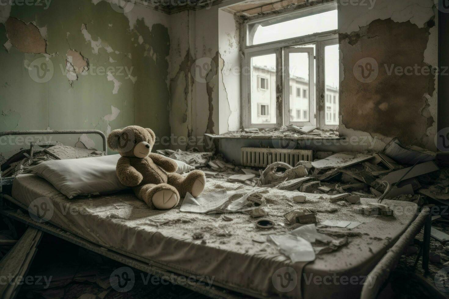 orso su ospedale letto, bombardato città. creare ai foto