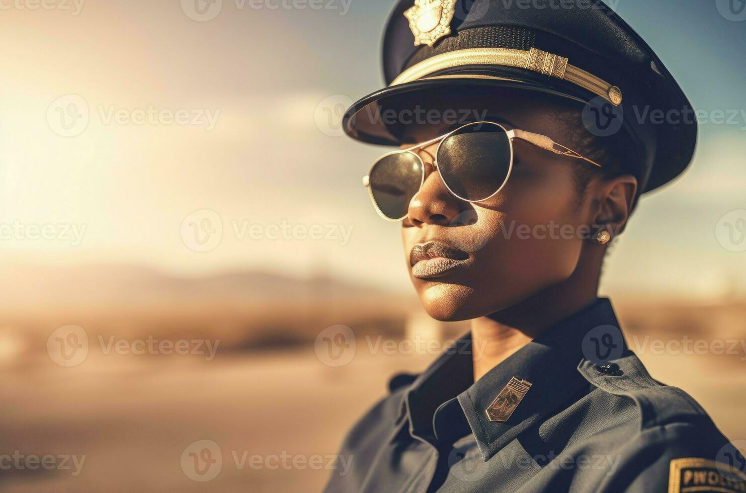 africano americano polizia donna nel occhiali da sole. creare ai foto