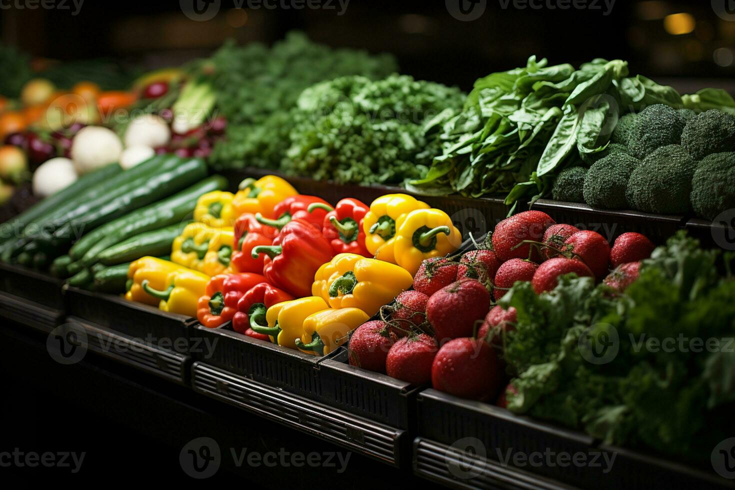 varietà genere di verdure su scaffali a supermercato ai generato foto
