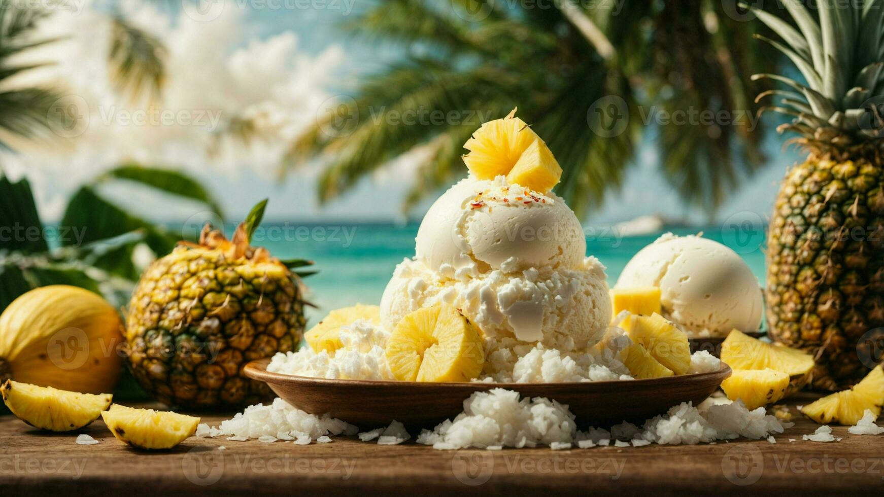 un' tropicale Paradiso con un' notizia in anticipo di Noce di cocco ghiaccio crema sfondo Immagine ai generativo foto