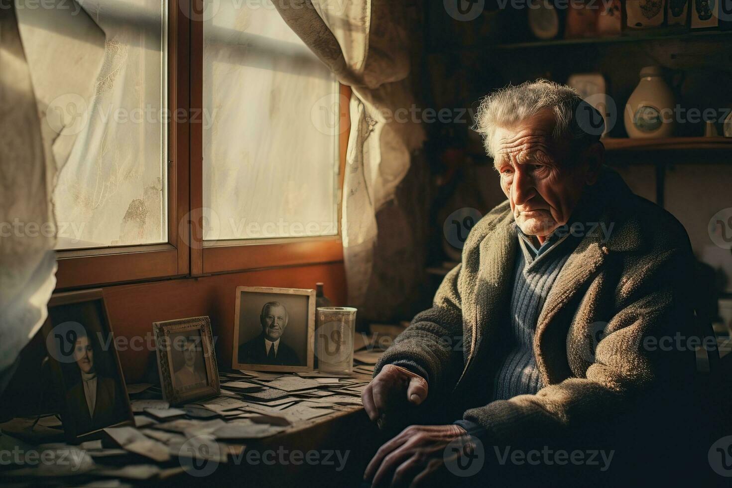 anziano uomo seduta di il finestra nel un vecchio appartamento, vecchio foto nel mano, solitudine