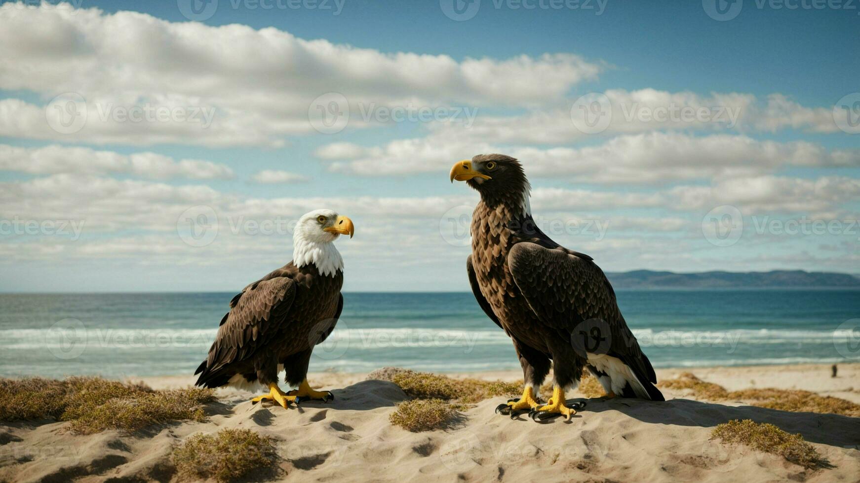 un' bellissimo estate giorno con blu cielo e un' solitario di Steller mare aquila al di sopra di il spiaggia ai generativo foto